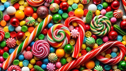 Colorful Christmas candy and lollipops in a festive arrangement