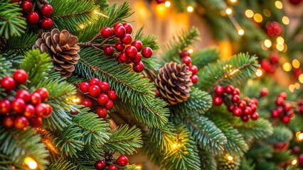 Festive pine branches with red berries and golden lights for Christmas decoration