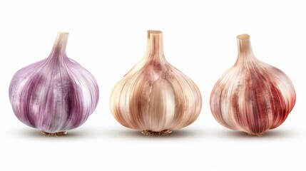 Obraz premium Three garlic bulbs isolated on white background, purple, brown, white.