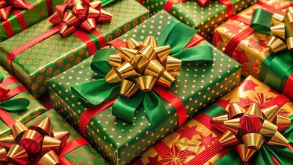 Wrapped Christmas gifts with green bows and golden lights
