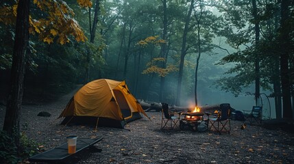Cozy camping setup in a misty forest with a glowing campfire and autumn foliage near a tent