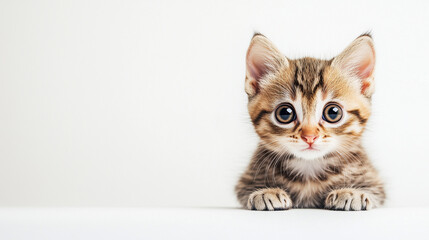 Adorable brown tabby kitten with large eyes, peeking over a white surface against a clean white background.