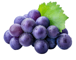 still fresh juicy pile of purple grapes with leaf isolated on transparent background,