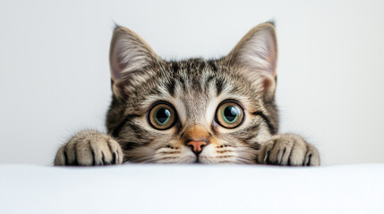 Adorable young tabby cat with big green eyes peeking over a white surface, expressing curiosity and playfulness.