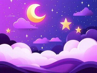 A dreamy night sky with a crescent moon, glowing stars, and fluffy purple clouds, creating a serene and magical atmosphere.
