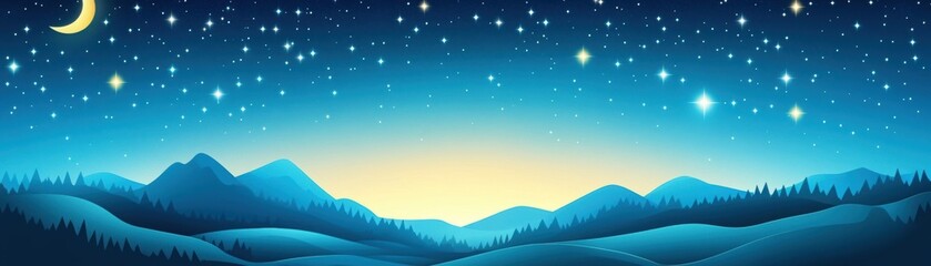 A beautiful night sky with stars and a crescent moon over rolling mountains, set against a tranquil blue horizon.
