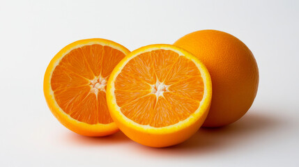 Fototapeta premium Oranges, whole and cut in half, are shown against a white background. They're a good source of vitamin C.