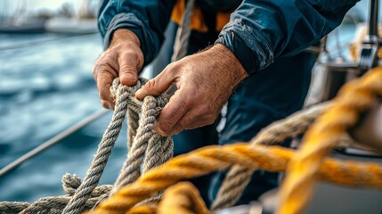 natural hemp rope being knotted by sailor or fisherman, close up of hands.
