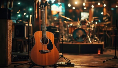 Acoustic guitar on a stage with a drum set in the background.