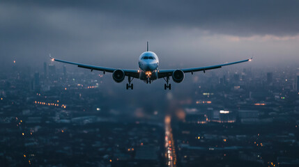 Fototapeta premium illustration of airplane taking off, cinemtaic color, flying over cityscape
