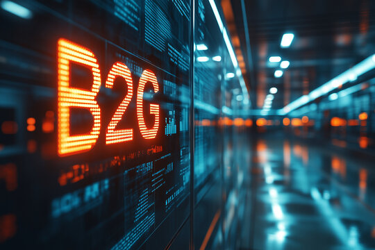 "B2G" displayed in a professional font against a background of government offices and business documents.