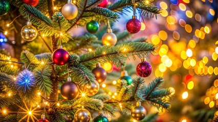 Decorated Christmas tree with ornaments and golden lights