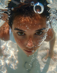 Beautiful woman: swimming, in ocean, underwater, sun, beach [created with generative AI technology]