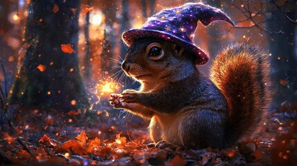 Squirrel in a wizard hat casting spells in a haunted forest, [wizard squirrel], [magical woodland creature]