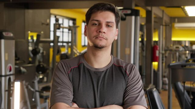 Portrait of a Man in a Gym Setting. Confident Man Crossing Arms and Facing the Camera with a Determined Expression in a Fitness Center