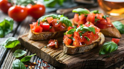 Tomato Bruschetta With Basil Rustic Table.