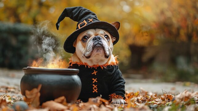 Bulldog in a witch costume standing next to a bubbling cauldron, [witch dog], [playful Halloween pet]