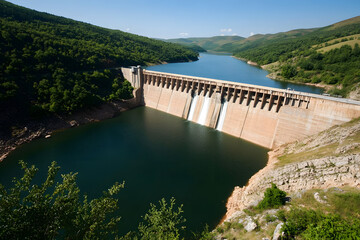 Naklejka premium Hydroelectric Dam, Renewable Energy Generation and Water Power Infrastructure