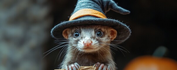 Ferret dressed as a witch with a pointy hat and small broom, [witch ferret], [playful Halloween pet]