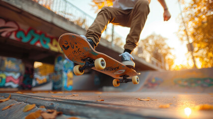 A skateboarder performing tricks in an urban skate park, capturing motion and energy