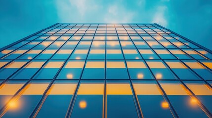 Modern skyscraper viewed from below, showcasing sleek glass facades and vibrant reflections, under a bright blue sky.