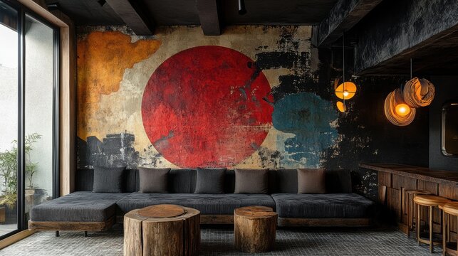 unconventional interior design with artistic murals and distinctive light fixtures, embodying creativity and uniqueness