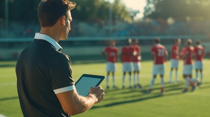 A football coach using a tablet to review match footage and analytics with the team