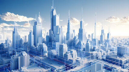 Naklejka premium Modern Urban City 3D drawing with buildings Cityscape Architecture Design Construction Blueprint Wireframe Aesthetic