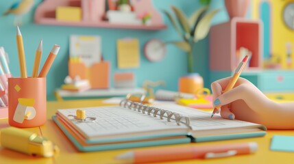 A colorful workspace featuring a notebook, stationery, and creative elements, perfect for inspiring productivity and organization.