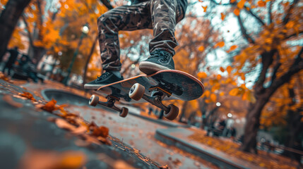 A skateboarder performing tricks in an urban skate park, capturing motion and energy