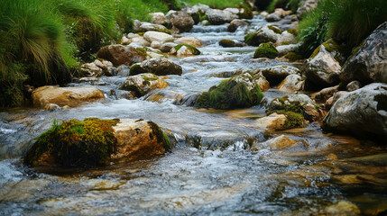 Fototapeta premium A serene stream flows through a rocky landscape with lush green grass, creating a tranquil and natural scene.