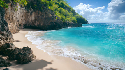 Fototapeta premium A breathtaking ocean view from a secluded cove with turquoise water lapping gently against the sandy shore.