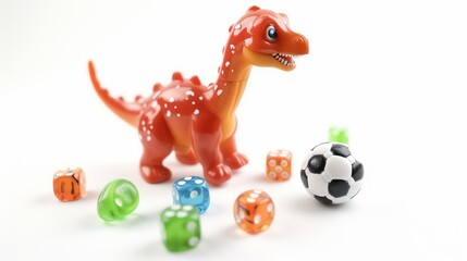 Obraz premium A brown dinosaur toy with white spots stands beside a black and white soccer ball and a group of dice in various colors.