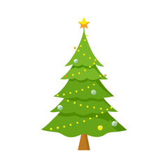 Festive Christmas tree with decorations in a cheerful style on a white background
