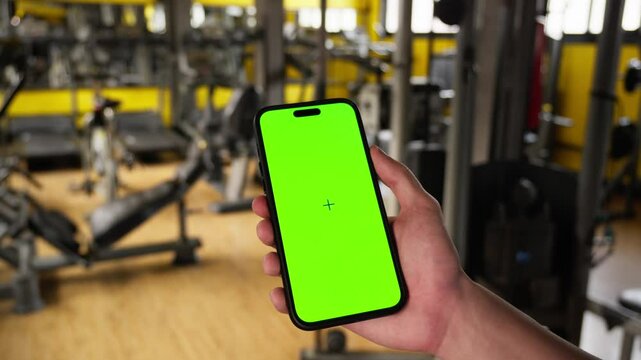 Phone with Green Screen in Gym Environment. Hand Holding a Smartphone with a Green Screen, Gym Equipment in the Background. Video Concept of gym app and healthy app.