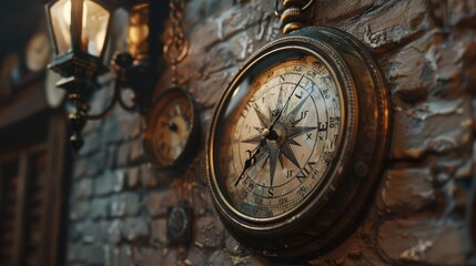A vintage clock with a compass design on a rustic wall, capturing time and direction beautifully