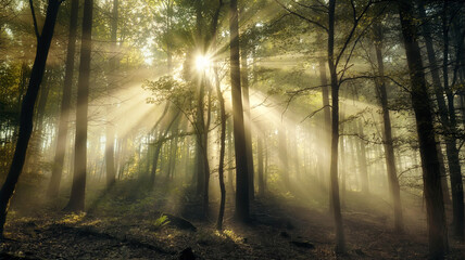 Magic of the sun and mist. Glowing light, silhouettes of trees and sunbeams in a misty forest. Amazing sunburst with majestic atmosphere.