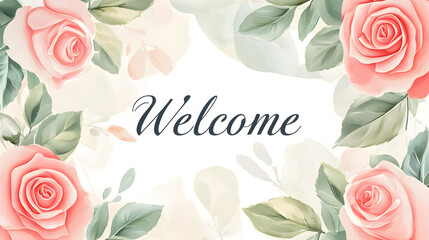 Watercolor Invitation Framed with Pink Roses and Green Leaves with 'Welcome' in the Center