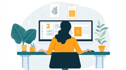 Woman sitting at her desk working on a computer.