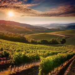 Fototapeta premium Sun-Kissed Vineyard Rows Stretching Across Rolling Hills, a Harvest Paradise