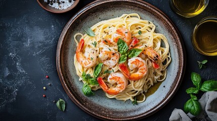 Shrimp Pasta with Basil and Garlic.