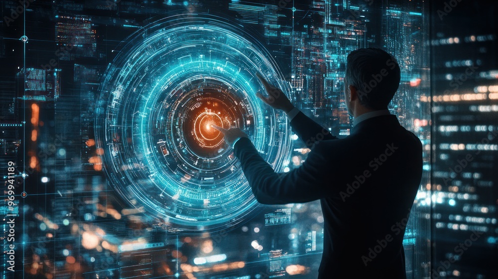 Poster Man Interacting with a Futuristic Digital Interface