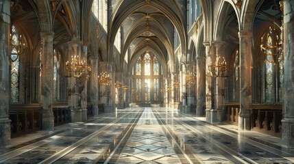 Fototapeta premium Gothic cathedral interior with soaring arches and delicate light filtering through stained glass