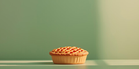 Dutch cuisine concept. Close-up of round apple lattice over light green background. Banner style. Sunlight from window. Text space. Studio shot