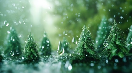   A cluster of tiny green trees dotted with dewdrops against a verdant backdrop, framed by a hazy forest in the foreground