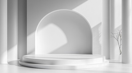 Minimalist White Room with Circular Platform and Arched Opening