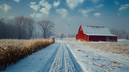 Winter landscape of a red barn surrounded by cornfields under a blue sky in a rural area