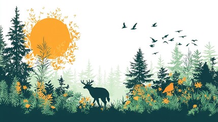   A deer stood amidst the forest's towering trees, with avian friends soaring above and the golden sun setting behind them