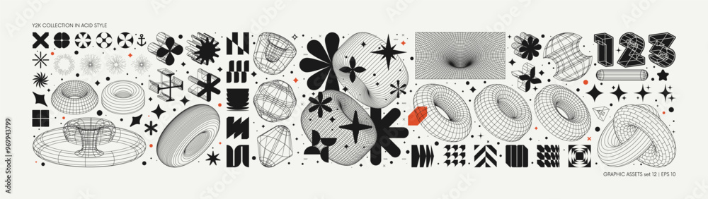 Aufkleber Vector graphic assets set in acid style, retro futuristic background with wireframe elements of different forms, bold modern shapes for design template, poster, stickers, banner in Y2k style set 12