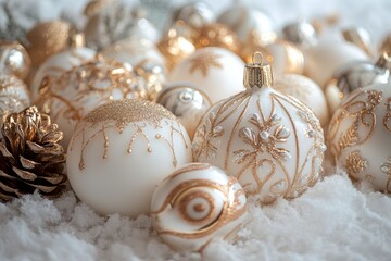 festive holiday decor, elegant white and gold ornaments create a festive winter scene, perfect for a joyful holiday wallpaper on your screen